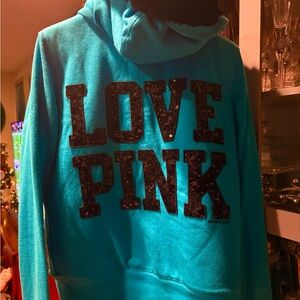 Rare! PINK Victoria’s Secret Turquoise hooded jacket, blk fur-lined, like new, M